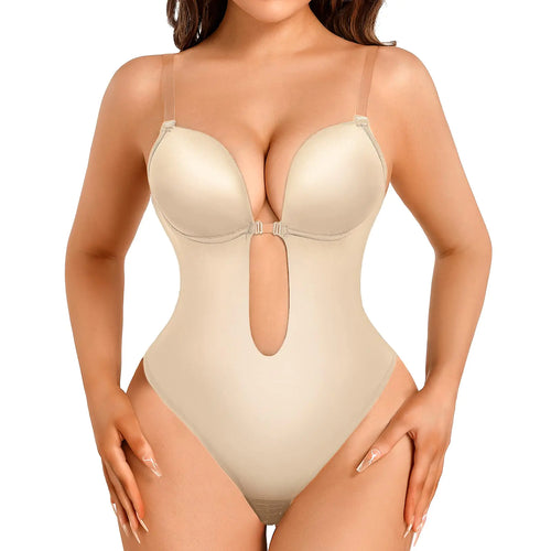 Decorus Shapewear Backless Bodysuit Strapless: Low-back Thong Body-shaper Invisible Women - Build in Bra Open-back Bodysuits Wedding Seamless Beige
